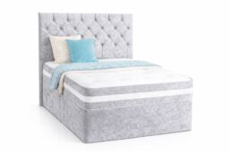 Chesterfield Silver Crushed Velvet Superking 6ft Divan Bed With 54inch Floorstanding Headboard and Mattress 4 Drawers