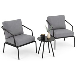 3 Piece Outdoor Bistro Set, Round Side Table & 2 Armchairs with Padded Cushions & Adjustable Non-Slip Feet, Metal Garden Furniture for Balcony, Patio & Courtyard
