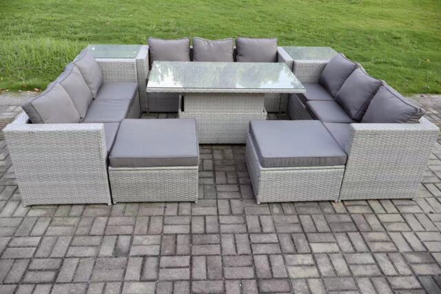 Fimous 11 Seater PE Rattan Garden Funiture Set Outdoor Height Adjustable Rising Lifting Table Sofa Dining Set with 2 Side Tables 2 Big Footstools