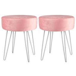 Harbour Housewares 2x Velvet Footstools - Round Modern Dressing Table Footstool Vanity Seat Chairs - 40 x 35cm - Pink/Silver Pink Pink/Silver Pack of 2 2