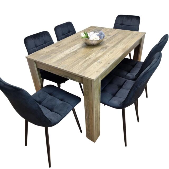 Dining Table and 6 Chairs Rustic Effect Wood Table 6 Black velvet Chairs Dining Room