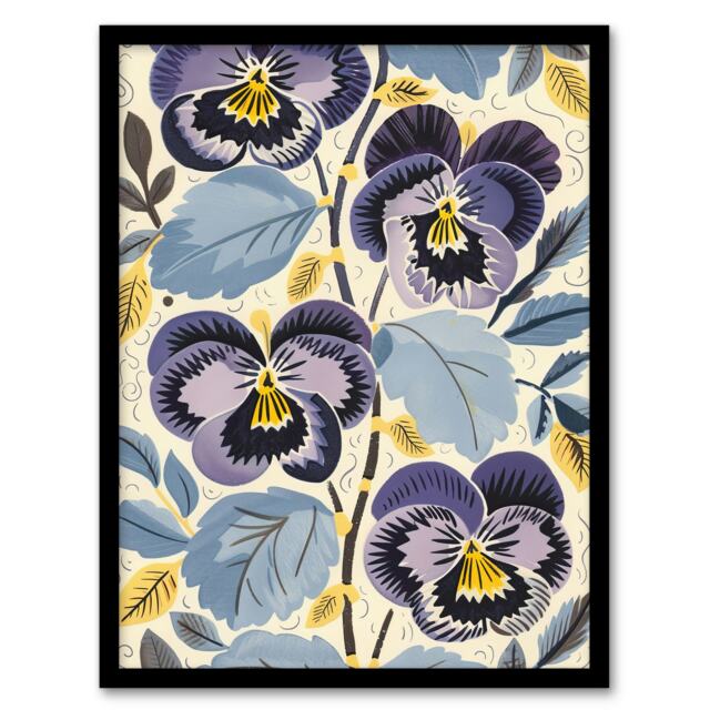Purple Pansy Flowers Wildflowers Floral Black Framed Wall Art Print A4