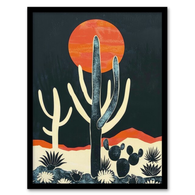 Saguaro Cactus Orange Grey Sun Desert Home Decor Black Framed Wall Art Print A4