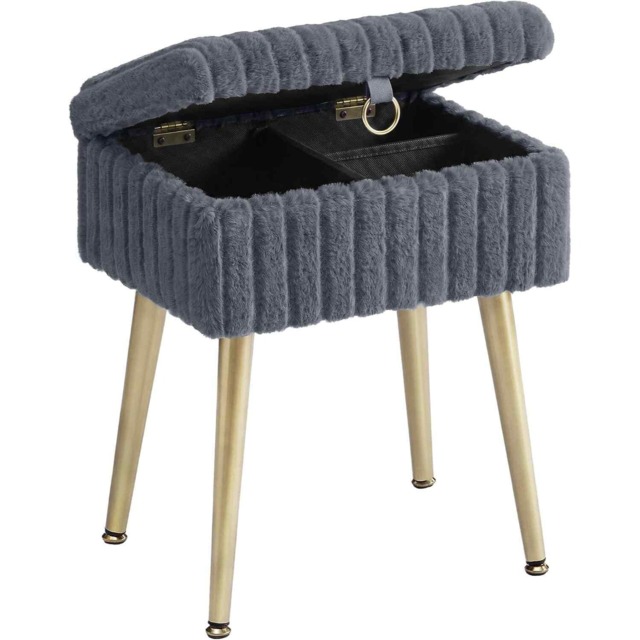 Vanity Stool with Storage, Upholstered Footstool Ottoman, Metal Legs, Adjustable Feet, Slate Grey