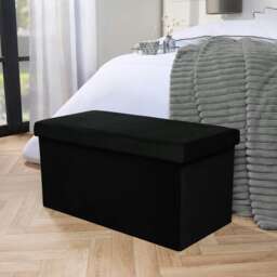 OHS Matte Velvet Soft Long Rectangle Foldable Footstool Seat Storage Organiser Ottoman Black