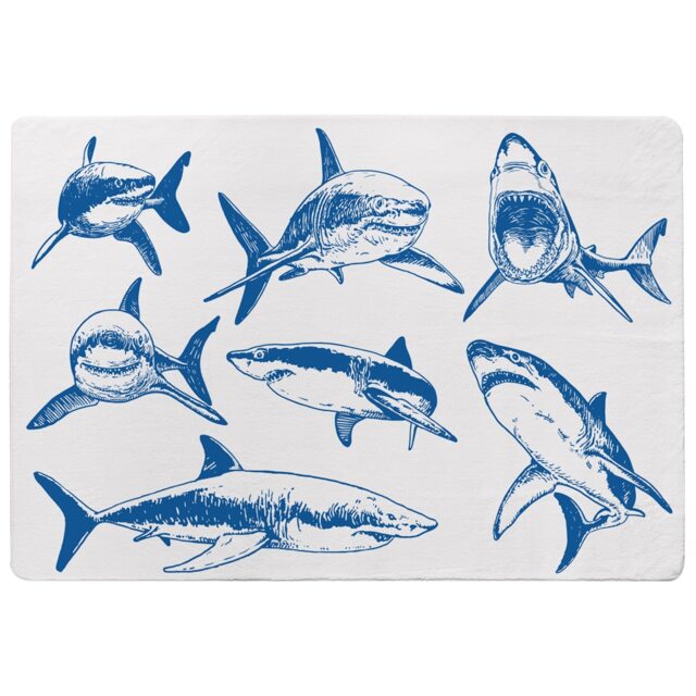 Graphical Set Of Blue Sharks Isolated On White Background Designer Rug Multi