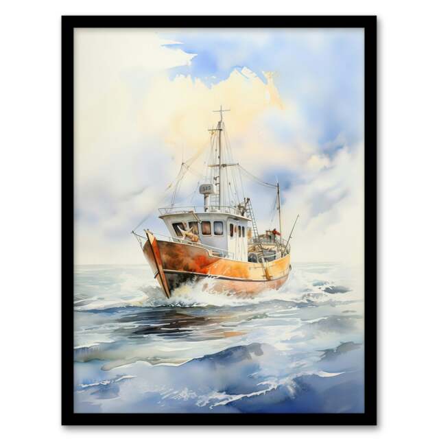 Fishing Boat At Sea Detailed Watercolour Black Framed Wall Art Print A4