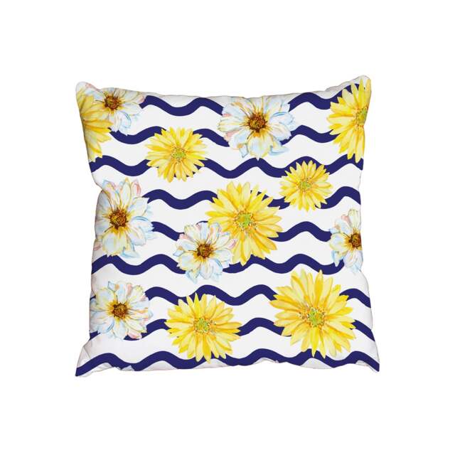 Cushions - White and yellow daisies on the wavy striped background (Cushion) Multi