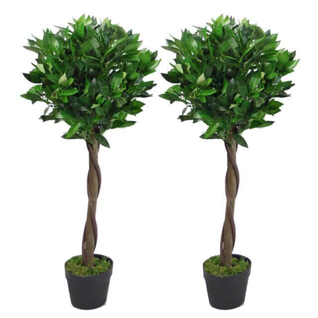 Pair of 90cm (3ft) Twisted Stem Artificial Topiary Bay Laurel Ball Trees Green 3ft