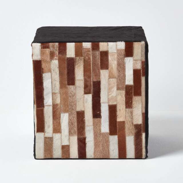 Homescapes Brown and Black Patchwork Cube Pouffe Suede Leather - 36 x 36 x 38 cm