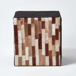 Homescapes Brown and Black Patchwork Cube Pouffe Suede Leather - 36 x 36 x 38 cm