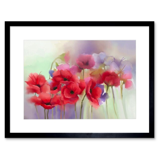 "Poppy Flower Field Poppies Dreamy Floral Painting 9x7"" Black Framed Wall Art Print"