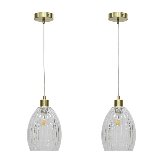 Set of 2 Birch - Clear Fluted Glass with Satin Brass Pendant Fittings Clear Clear 2