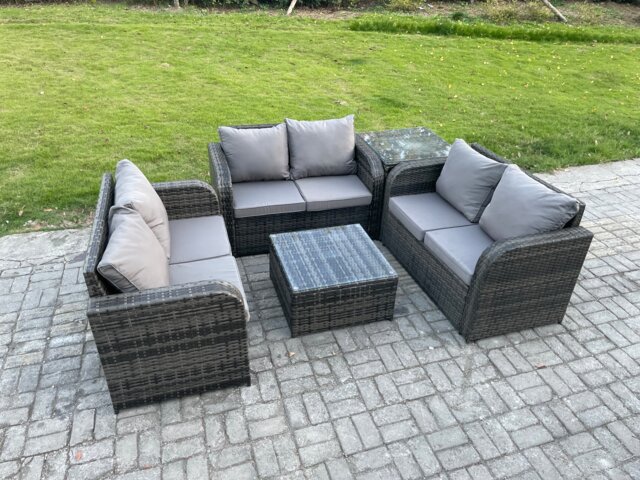 Fimous Outdoor Garden Furniture Sets 6 Seater Wicker Rattan Furniture Sofa Sets with Square Coffee Table Love seat Sofa 2 Small Footstools Side Table