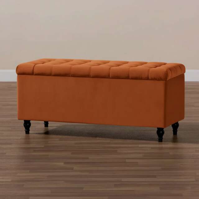180cm Cubed Ottoman Storage Box,Burnt Orange Velvet Upholstered Chesterfield Storage Ottoman Box with Wooden Legs