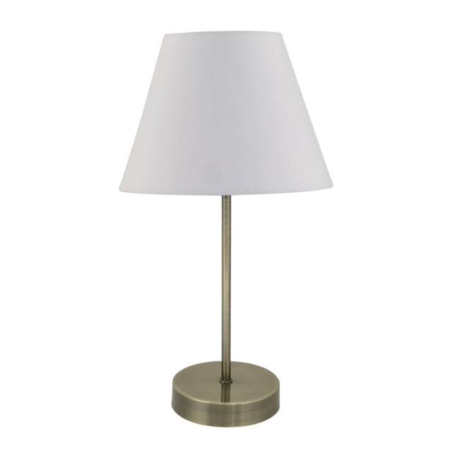 Antique Brass Stick Table Lamp with Ivory Off White Fabric Shade