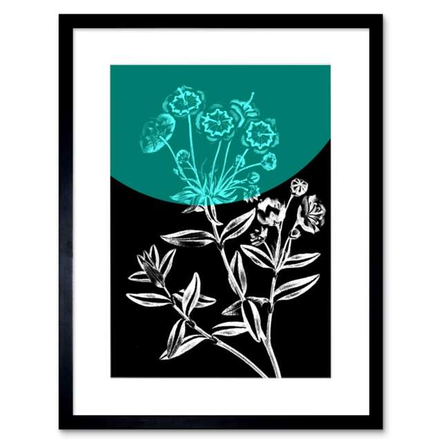 "Teal Blue Colour Pop Circle Flower Modern Botanical 9x7"" Black Framed Wall Art Print"