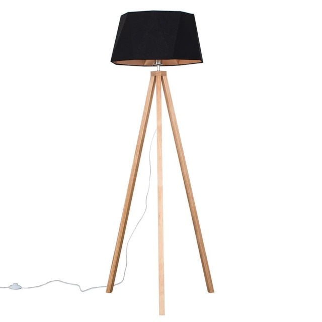 ValueLights Barbro Light Wood Tripod Floor Lamp Black Copper Shade