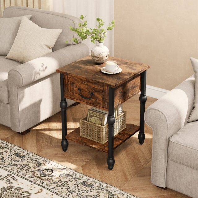 London Boutique 2-Tier Side Table with Drawer and Storage Shelf Metal Frame Bedside Sofa Table w/ Adjustable Feet, Brown, (W)40cm (D)40cm (H)60cm
