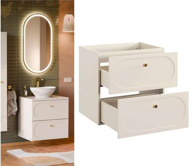 Bathroom Vanity Unit 600mm Wall Sink Cabinet Floating Milled Drawers Beige Gold Luxury Retro Donna