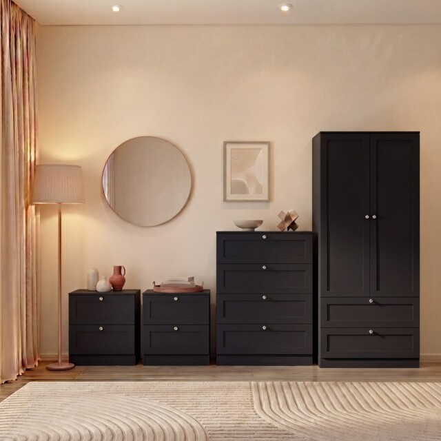 Vida Designs Altino 4 Piece Bedroom Set (2x 2 Drawer Bedside, 4 Drawer Chest, 2 Door 2 Drawer Wardrobe), Black