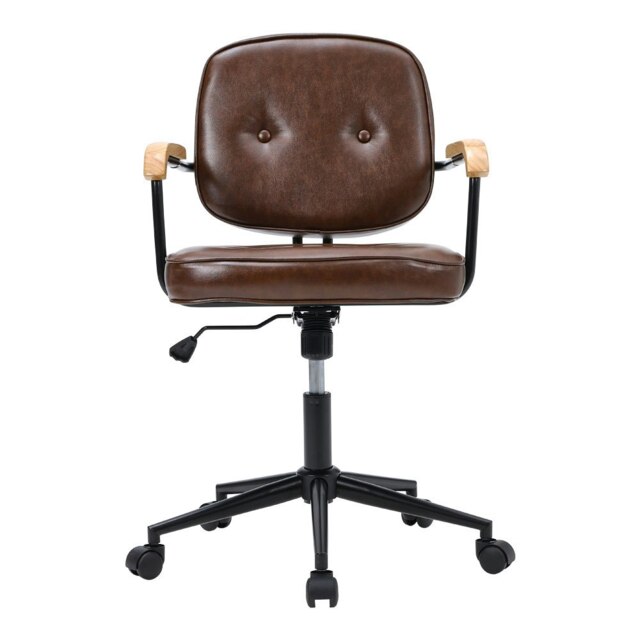 Living and Home Brown Leather Office Chair with Wood Armrests