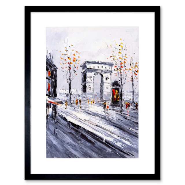 "Winter Paris Arc De Triomphe Cityscape Painting 9x7"" Black Framed Wall Art Print"