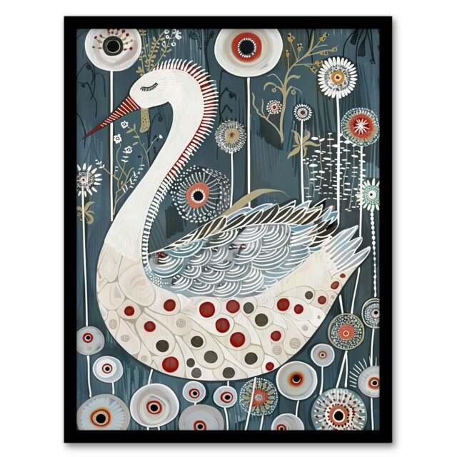 Abstract Bird Floral Red White Living Room Black Framed Wall Art Print A4