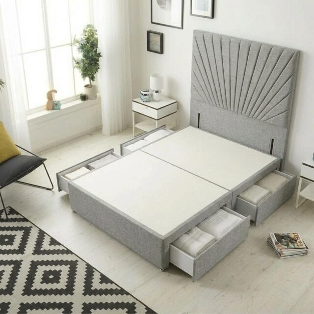 Sunburst Divan Bed with 4 Drawers & 54'' Floor Standing Headboard Tweed Fabric Grey Grey