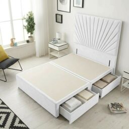 Sunburst Divan Bed with 2 Drawers & 54'' Floor Standing Headboard Plush Velvet White White