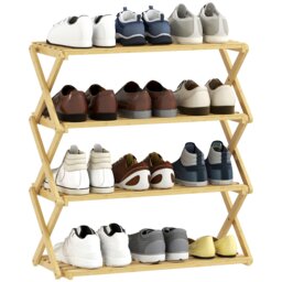 HOMCOM 4-Tier Bamboo Shoe Rack, Folding Shoe Shelf, No Assembly, Portable Storage Organiser for Entryway, Hallway, Living Room, Small Space, Holds up to 12 Pairs, Natural
