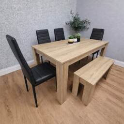 Modern Oak Effect Dining Table Set With 4 Black Chairs And Bench Dining Room Furniture Brown One Size 6