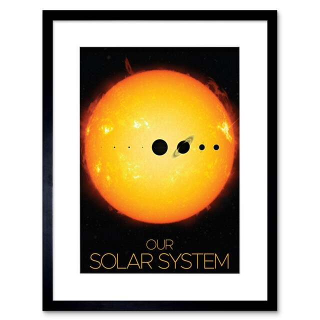 "NASA Our Solar System Planets Sun Size Comparison Dark 9x7"" Black Framed Wall Art Print"