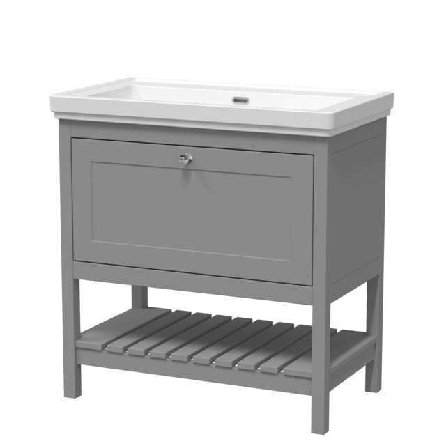 Traditional Furniture Floor Standing 1 Drawer Vanity & 0 Tap Hole Fireclay Basin, 800mm, Cool Grey Grey