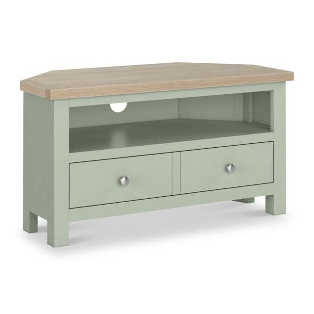 Farro Sage Corner TV Unit with Washed Oak Top - Fully Assembled - By Roseland Furniture