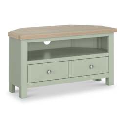 Farro Sage Corner TV Unit with Washed Oak Top - Fully Assembled - By Roseland Furniture