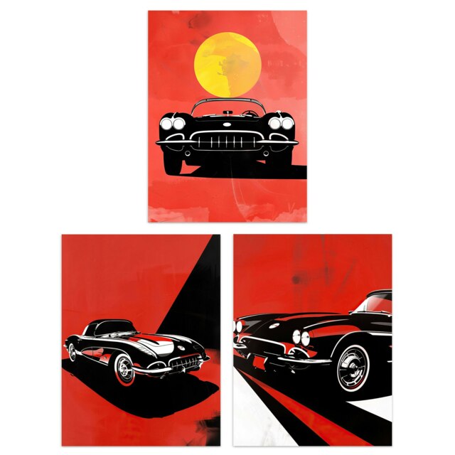 Set of 3 Classic Sports Cars Modern Bold Red Man Cave 12X16 Inch Wall Art Prints Pack