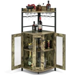 COSTWAY Kitchen Corner Bar Cabinet Buffet Cabinet With Glass Holder