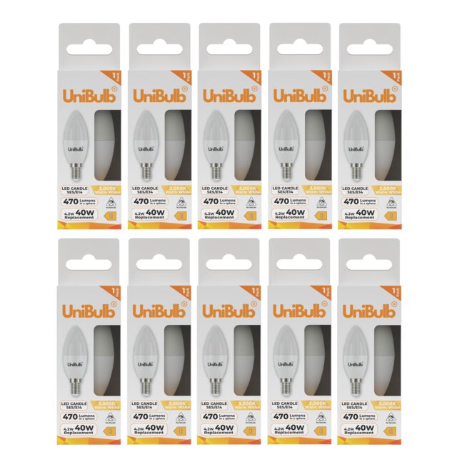 UniBulb LED Candle E14 Small Edison Screw (SES) 470lm 4.2W (Replaces 40W) 3000K (Warm White) Light Bulb - Pack of 10
