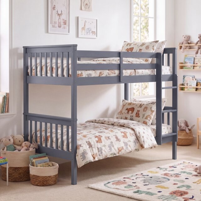 Vida Designs Milan Kids Bunk Bed Frame Bedroom, Split into 2 Single Beds Optional - Grey - 90 x 190cm