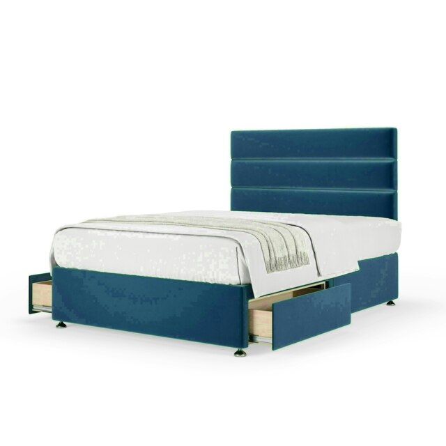 Marine Blue Plush Velvet 2 Drawer Divan Base and Milan Headboard Super King