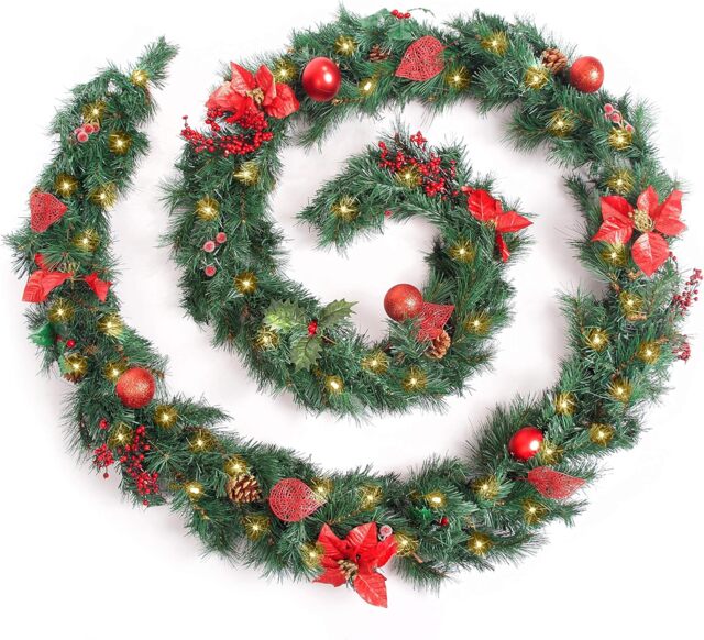 Best Artificial Christmas 12ft Red Decorated Garland with 100 Warm White battery lights
