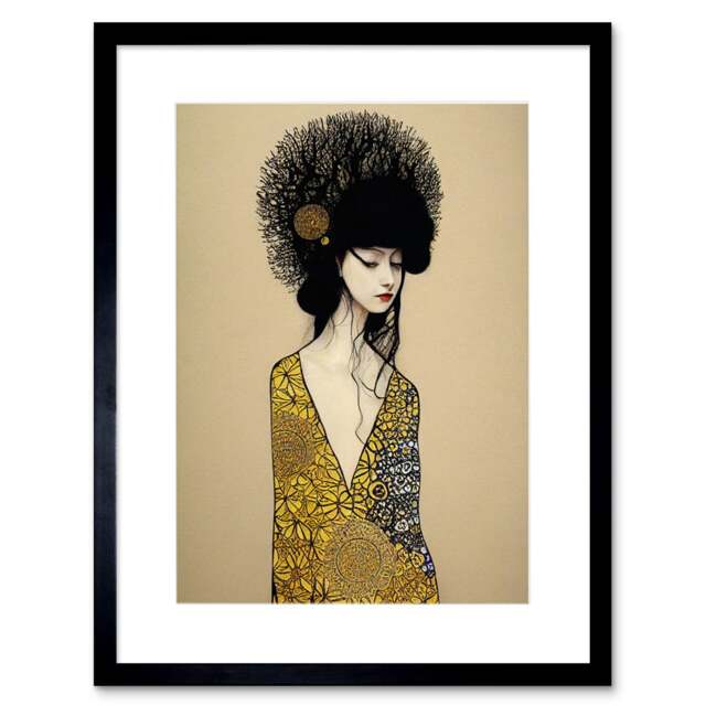 "Golden Geisha Girl Abstract Elegant Painting 9x7"" Black Framed Wall Art Print"