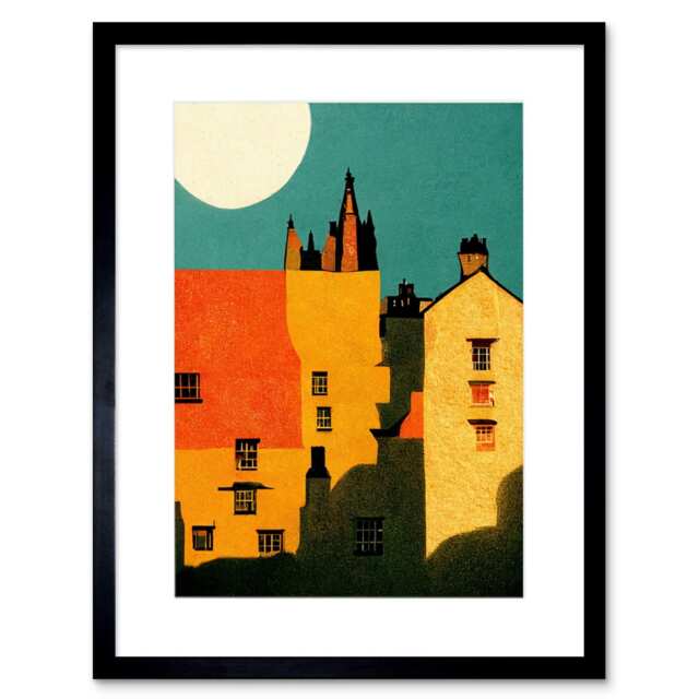 "Papercut Dean Village Edinburgh Vibrant Reds Yellows 9x7"" Black Framed Wall Art Print"
