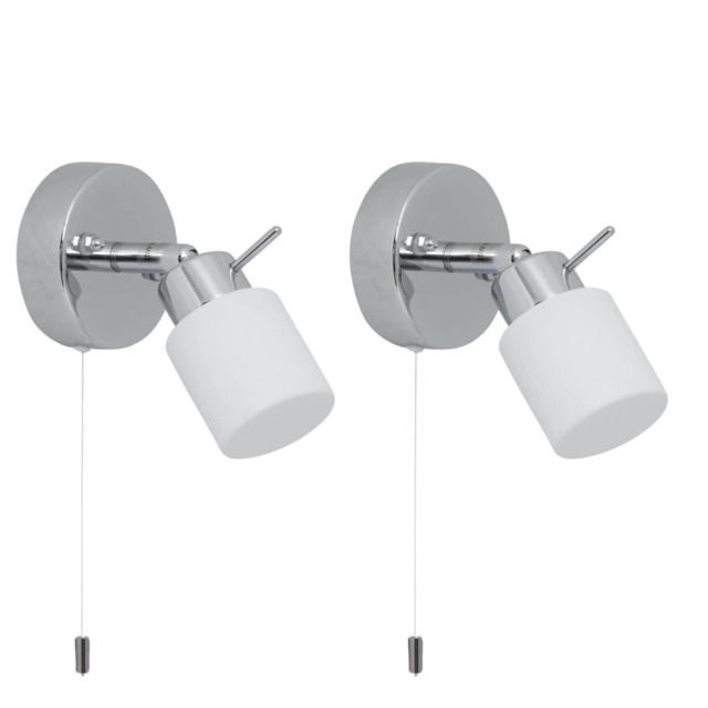 Set of 2 Iona - Chrome Opal Glass IP44 Pull Cord Bathroom Wall Lights Chrome Polished chrome plate and opal glass Small 2