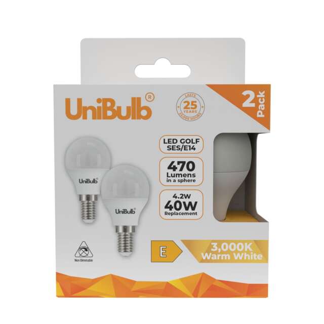 UniBulb LED Golf Ball E14 Small Edison Screw (SES) 470lm 4.2W (Replaces 40W) 3000K (Warm White) Light Bulb - Pack of 2 White Warm White 2