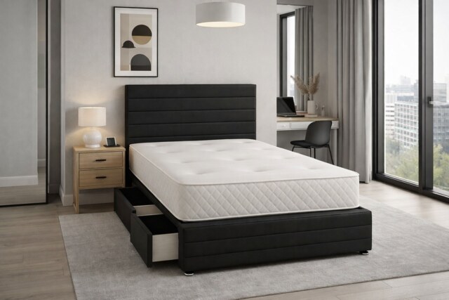 Divan Bed Set Headboard and Footboard with Mattress 4ft Small Double Black Suede Storage No Drawers
