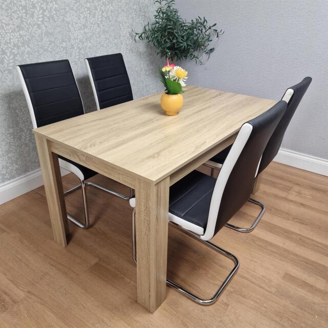 Oak Effect table with 4 Black Faux Leather Chairs Dining Furniture