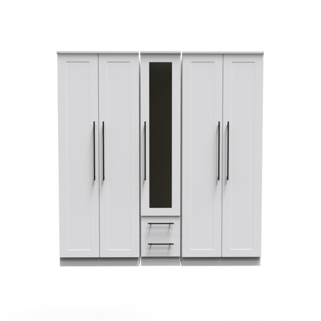 Howard Tall 5 Door 2 Drawer Single Mirror Wardrobe in White Ash (Ready Assembled) White White Ash
