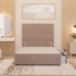 Divan Bed Base with 2 Drawers & Plain Floor Standing Headboard Plush Velvet Pink Pink